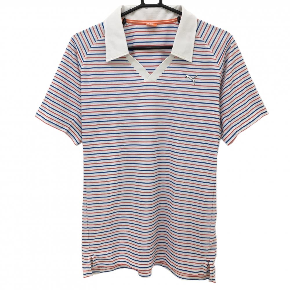 プーマ 半袖ポロシャツ 白×レッド ボーダー柄 ロゴ刺しゅう DRY CELL スキッパーシャツ メンズ O ゴルフウェア PUMA