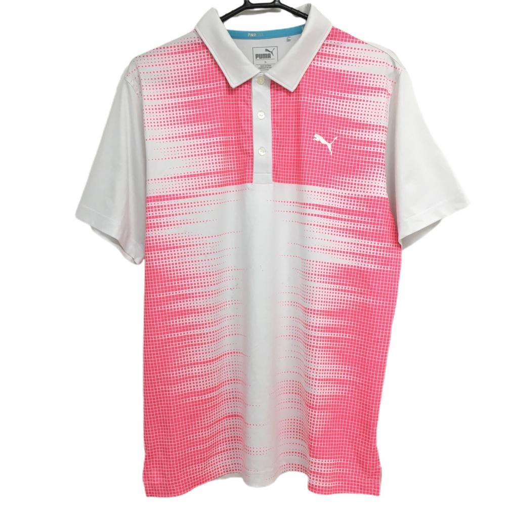 プーマ 半袖ポロシャツ 白×ピンク ブロック柄 PWRCOOL メンズ XL ゴルフウェア PUMA 画像