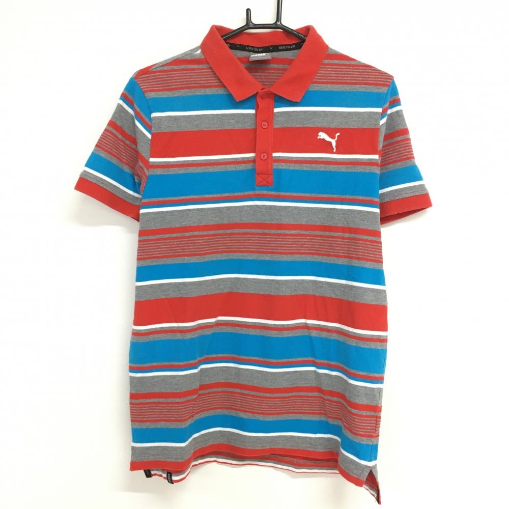 プーマ 半袖ポロシャツ レッド×ライトブルー ボーダー柄 ロゴ刺しゅう メンズ L ゴルフウェア PUMA 画像