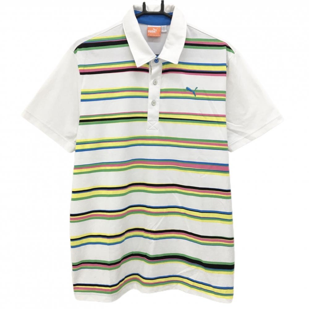 【美品】プーマ 半袖ポロシャツ 白×イエロー×グリーン 前ボーダー コットン混  メンズ US-M ゴルフウェア PUMA