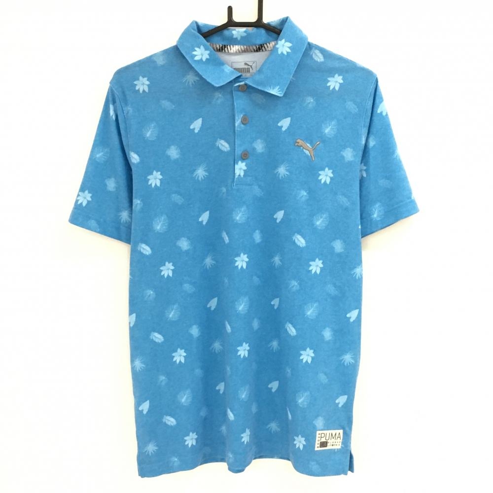 【超美品】プーマ 半袖ポロシャツ ブルー 花柄 リーフ柄 ストレッチ メンズ US-S ゴルフウェア PUMA