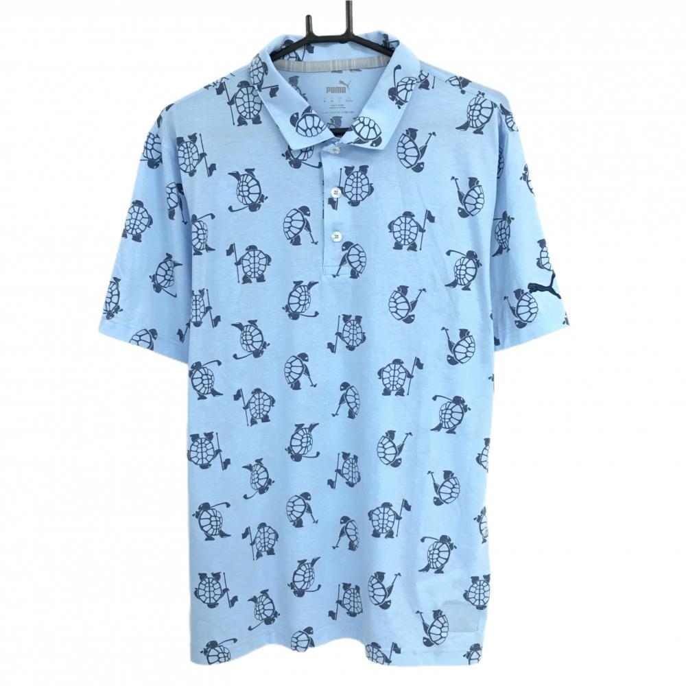 【超美品】プーマ 半袖ポロシャツ ライトブルー×ネイビー ゴルファーカメ総柄 メンズ US-M ゴルフウェア PUMA