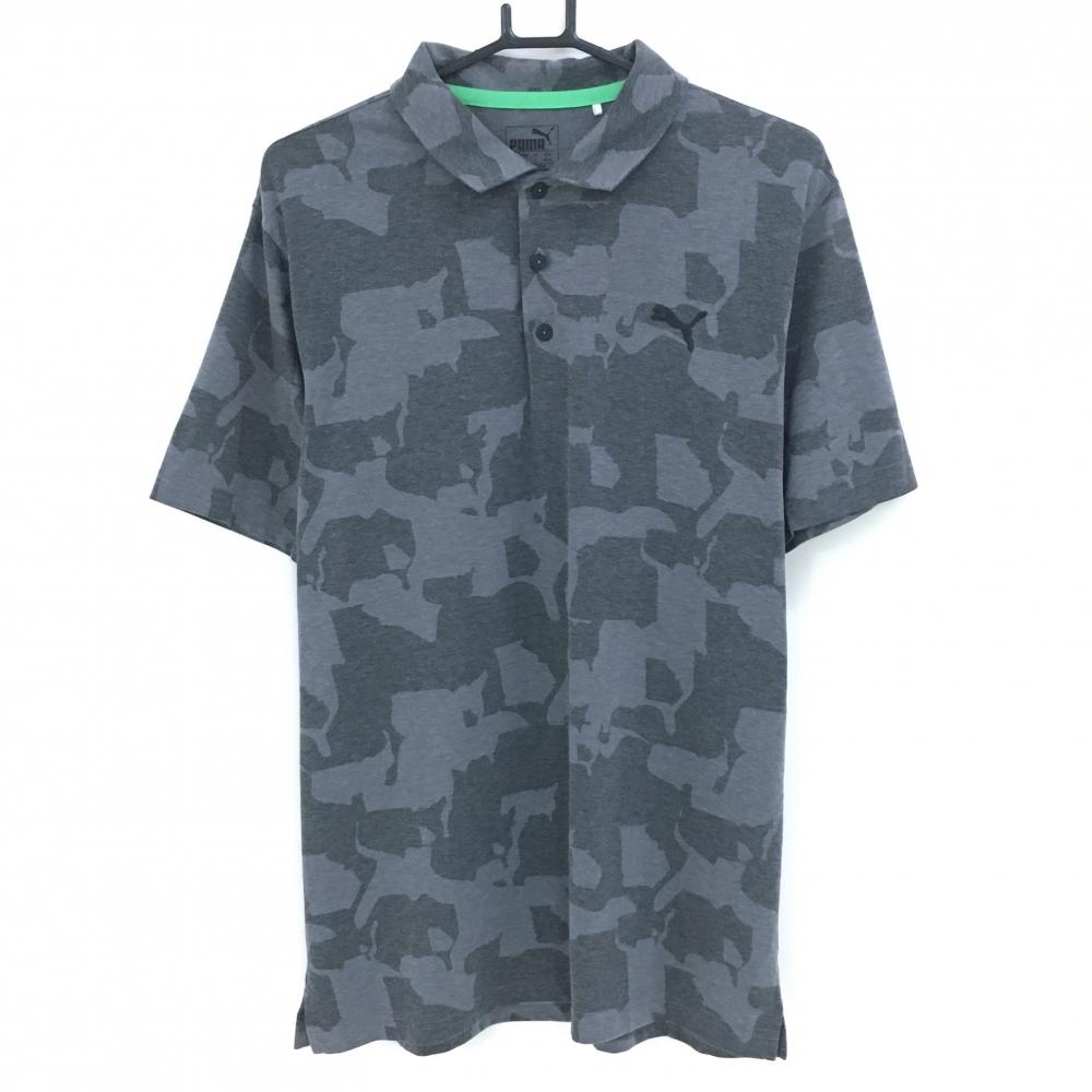 【美品】プーマ 半袖ポロシャツ グレー 総柄 ストレッチ 品質タグ切り メンズ US-M ゴルフウェア PUMA