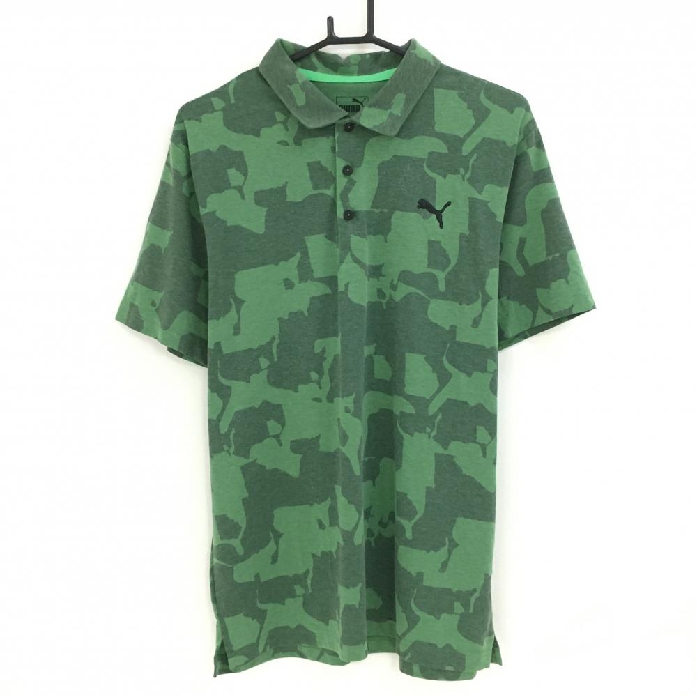【美品】プーマ 半袖ポロシャツ グリーン 総柄 ストレッチ  メンズ US-M ゴルフウェア PUMA
