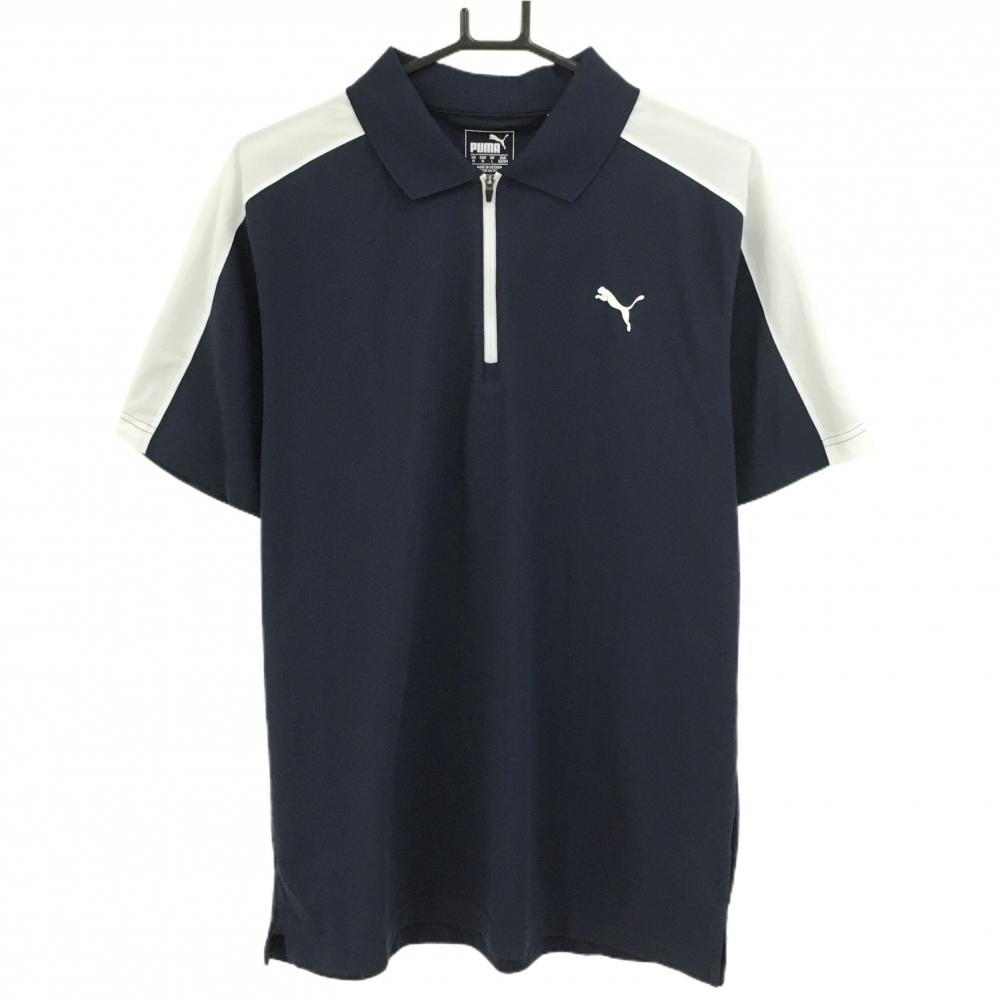 【超美品】プーマ 半袖ポロシャツ ネイビー×白 DRYCELL ハーフジップ メンズ US-M ゴルフウェア PUMA