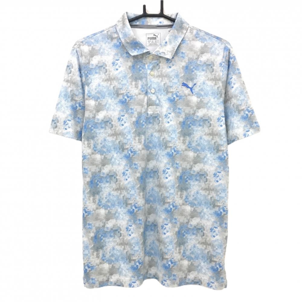 【超美品】プーマ 半袖ポロシャツ ブルー×グレー 総柄 DRYCELL ストレッチ メンズ US-S/P ゴルフウェア PUMA