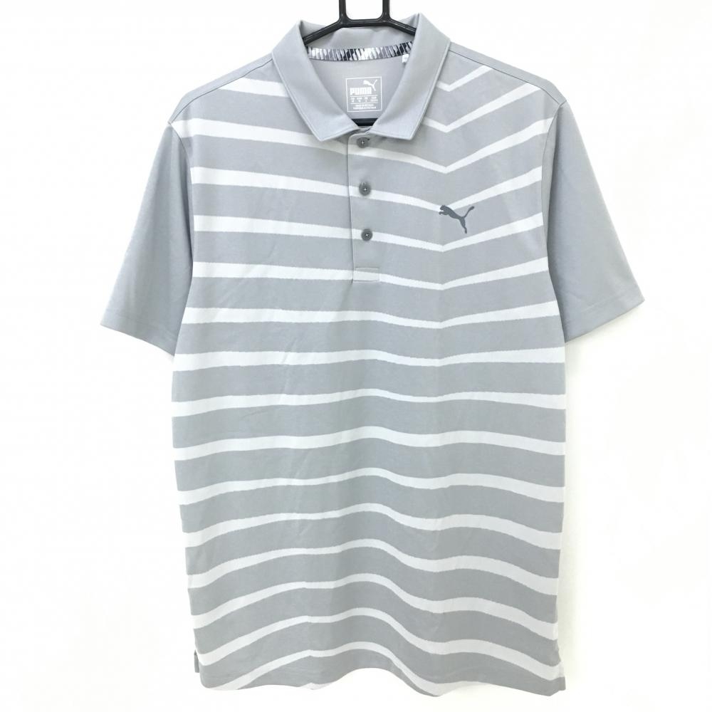 【超美品】プーマ 半袖ポロシャツ ライトグレー 前面ボーダー メンズ US M ゴルフウェア PUMA