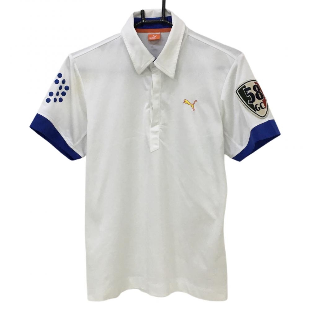 プーマ 半袖ポロシャツ 白×ブルー 地模様 袖ワッペン  メンズ S ゴルフウェア PUMA