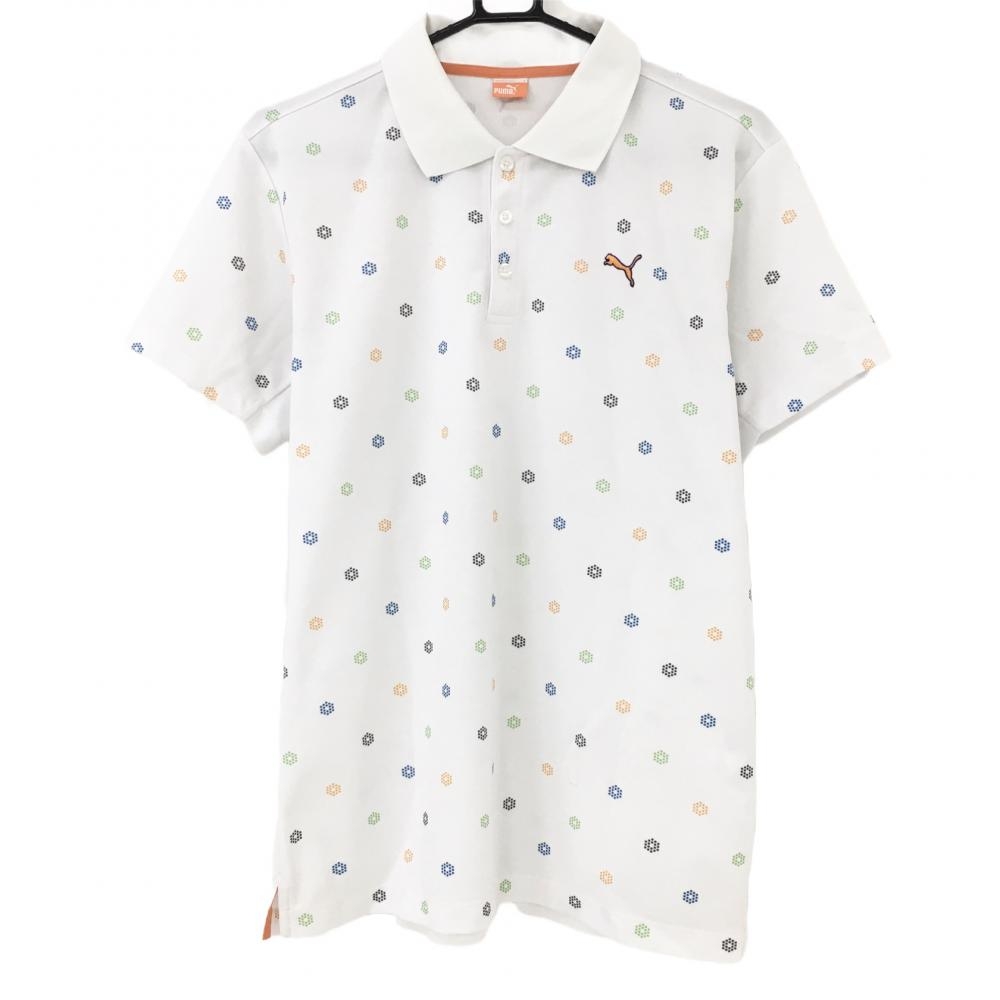 プーマ 半袖ポロシャツ 白×マルチ ロゴ総柄  メンズ O ゴルフウェア PUMA 画像