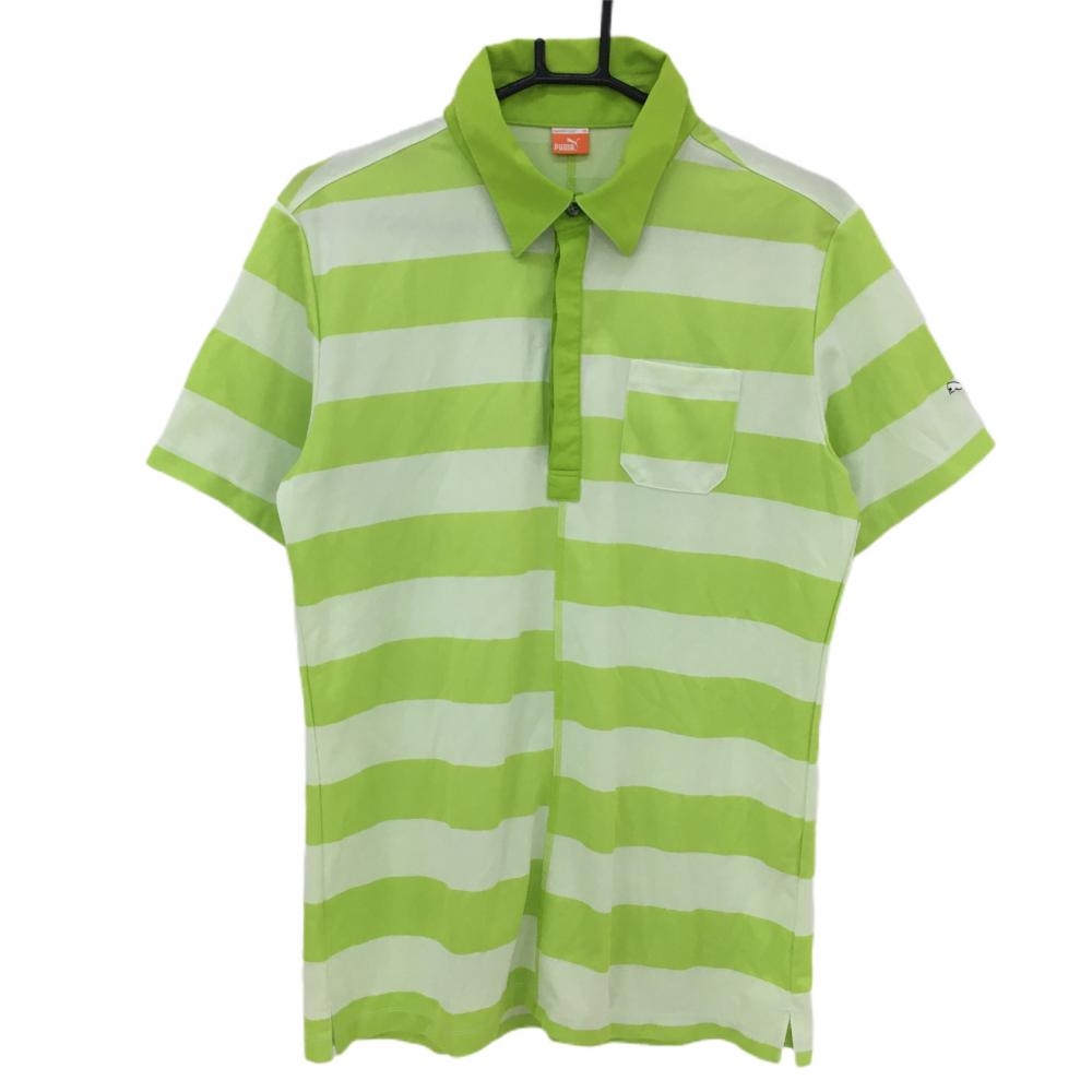 【美品】プーマ 半袖ポロシャツ　ライトグリーン×白 ボーダー メンズ XO ゴルフウェア PUMA 画像
