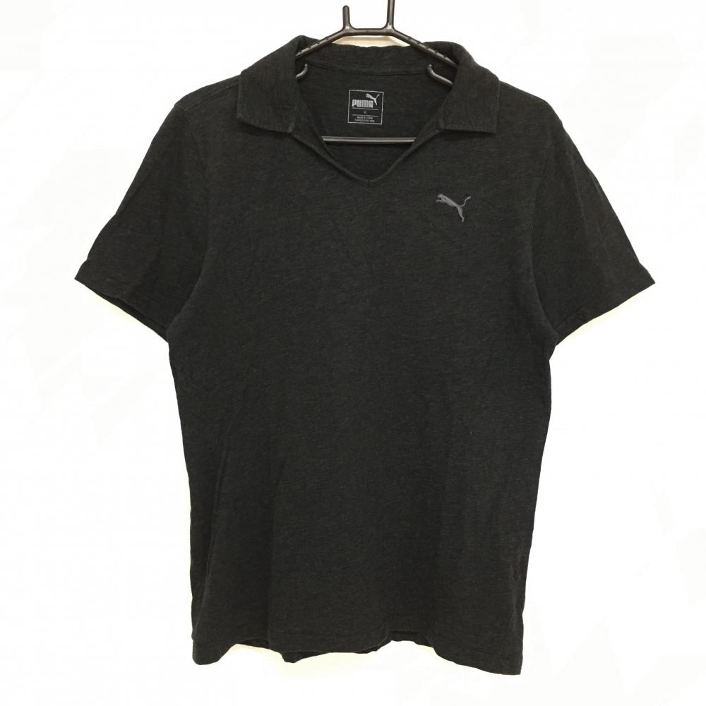 【美品】プーマ 半袖スキッパーシャツ ダークグレー 地模様 ロゴ刺しゅう メンズ XL ゴルフウェア PUMA 画像