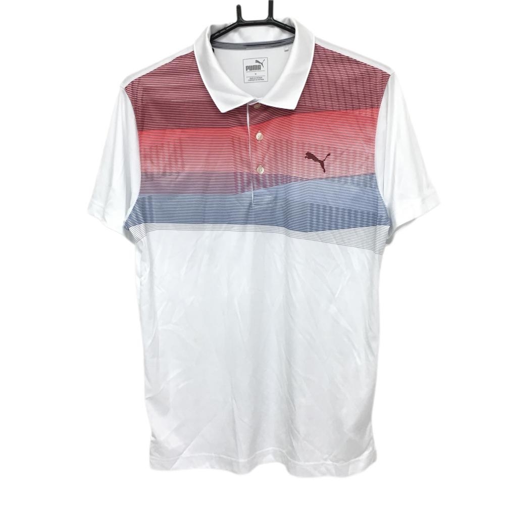 プーマ 半袖ポロシャツ 白×レッド フロント一部ボーダー調 胸元ロゴ  メンズ M ゴルフウェア PUMA 画像