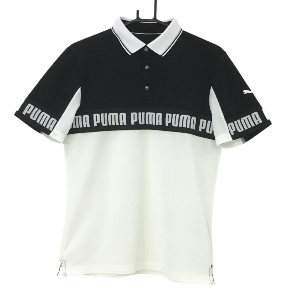 【超美品】プーマ 半袖ポロシャツ 白×黒 ロゴライン 袖プリント メンズ M ゴルフウェア PUMA