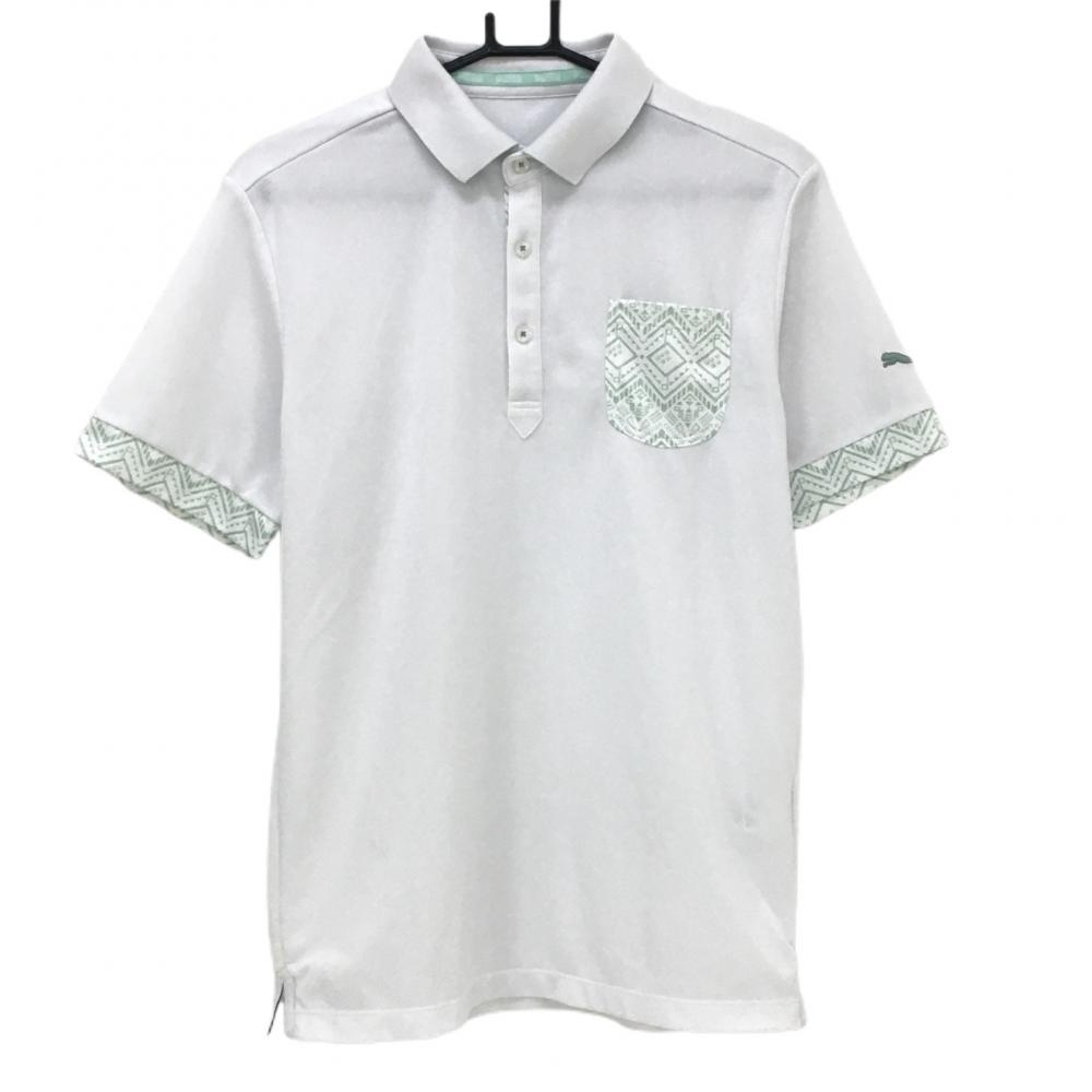プーマ 半袖ポロシャツ 白×ライトグリーン ポケット袖口柄  メンズ L ゴルフウェア PUMA