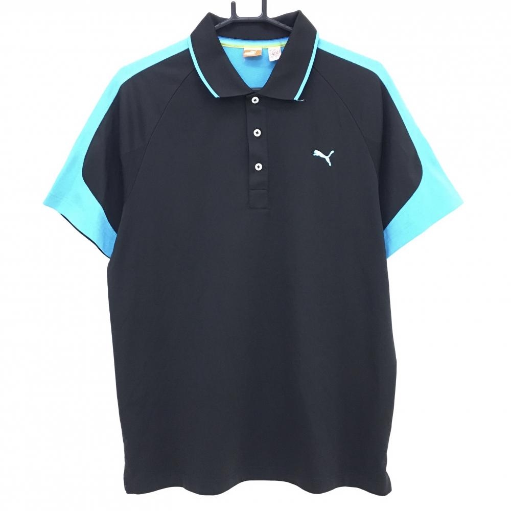 【美品】プーマ 半袖ポロシャツ 黒×ライトブルー ロゴ刺しゅう メンズ XL ゴルフウェア PUMA