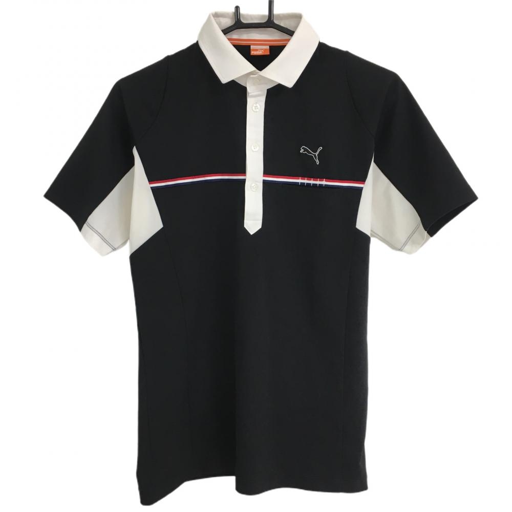 プーマ 半袖ポロシャツ 黒×白 トリコロールライン DRY 胸ポケット  メンズ M ゴルフウェア PUMA