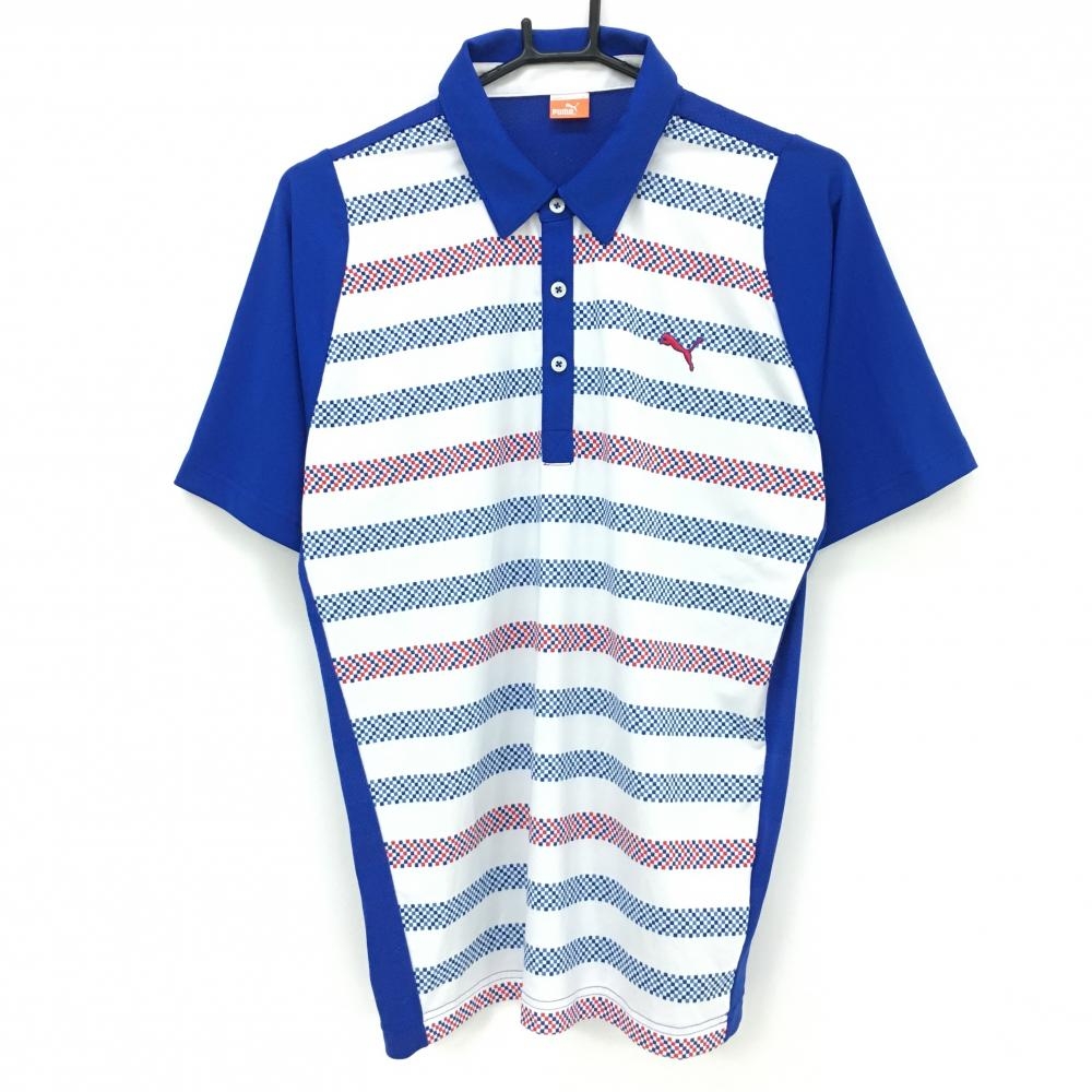 【美品】プーマ 半袖ポロシャツ 白×ブルー フロントボーダー調 背面メッシュ メンズ M ゴルフウェア PUMA