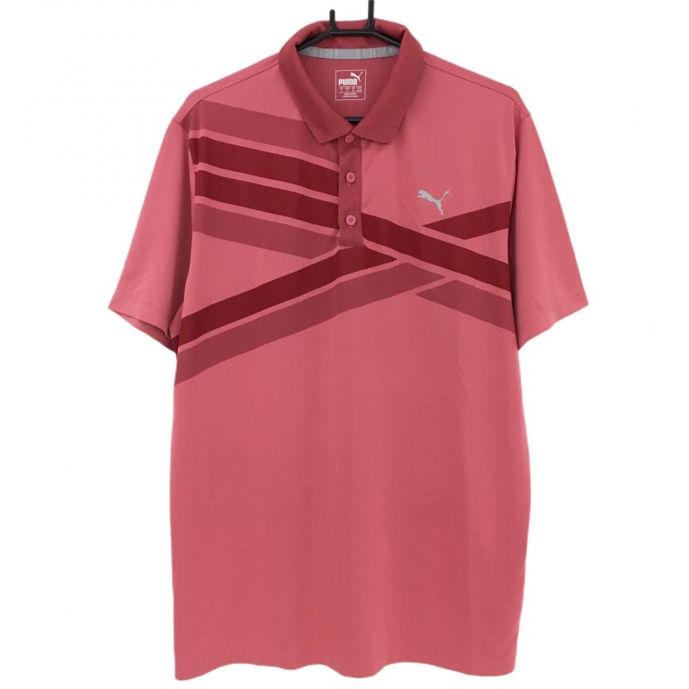 【美品】プーマ 半袖ポロシャツ ピンク×レッド 胸元ロゴ 胸元斜めストライプ  メンズ L ゴルフウェア PUMA