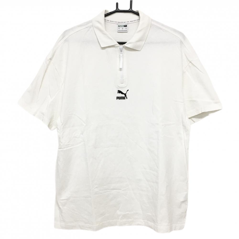 プーマ 半袖ポロシャツ 白×黒 ハーフジップ シンプル メンズ US-S ゴルフウェア PUMA
