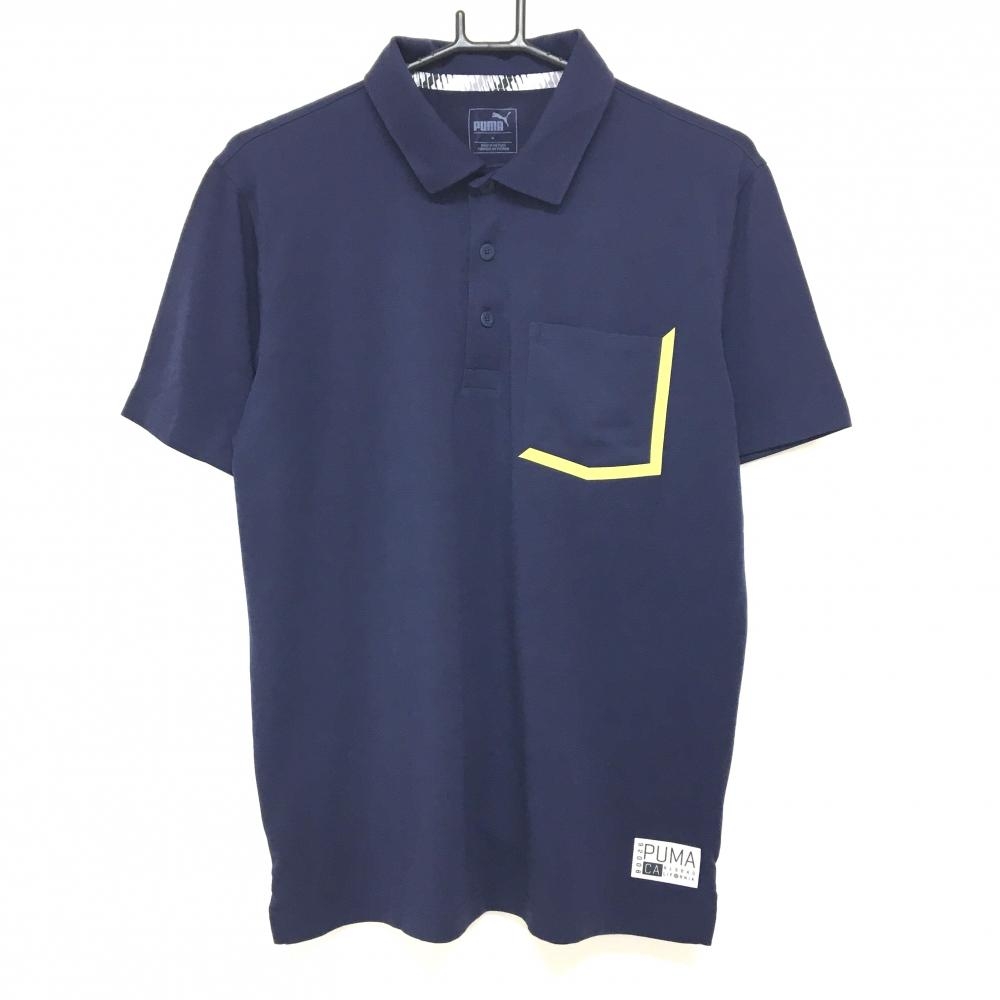 【超美品】プーマ 半袖ポロシャツ　ネイビー×イエロー 胸ポケット 襟下ロゴ刺しゅう メンズ M ゴルフウェア PUMA