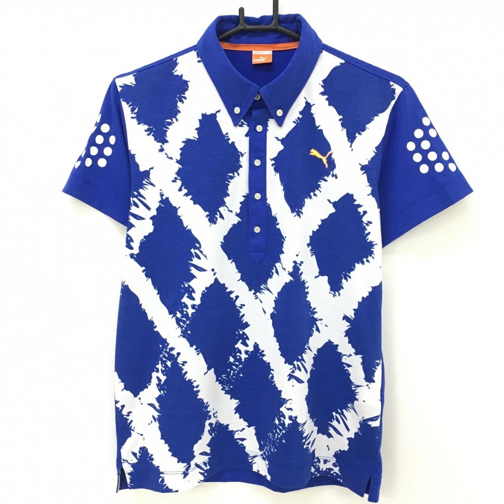 プーマ 半袖ポロシャツ ブルー×白 前面総柄 メンズ M ゴルフウェア PUMA