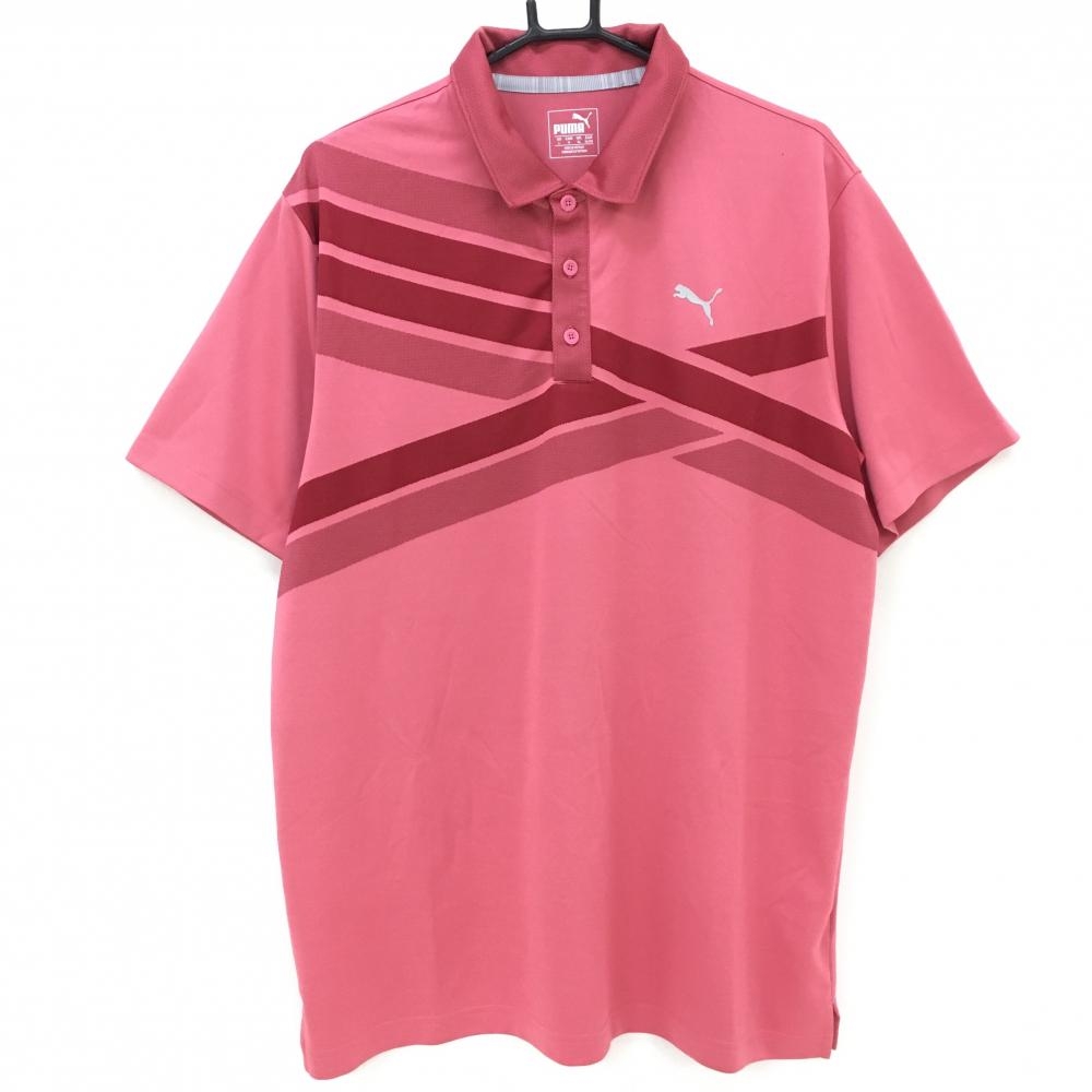 プーマ 半袖ポロシャツ レッドピンク×ボルドー 胸元ロゴ メンズ US-L ゴルフウェア PUMA