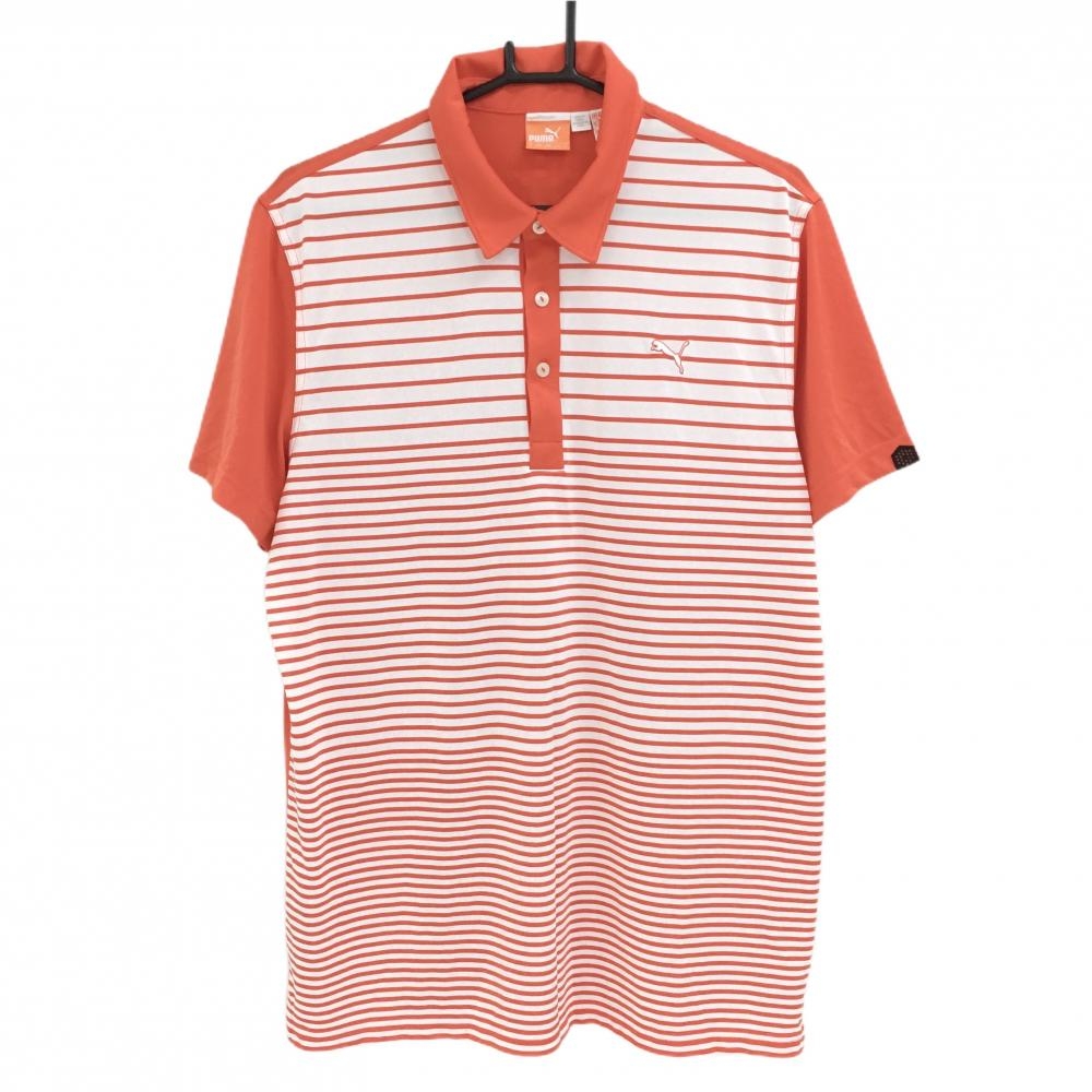 【超美品】プーマ 半袖ポロシャツ オレンジ×白 前ボーダー 胸元ロゴ メンズ US L ゴルフウェア PUMA