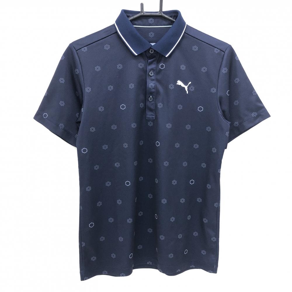 【美品】プーマ 半袖ポロシャツ ネイビー×白 総柄 メンズ M ゴルフウェア PUMA