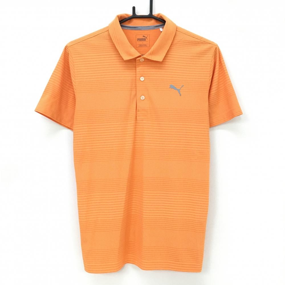 【超美品】プーマ 半袖ポロシャツ オレンジ×ライトオレンジ ボーダー 胸元ロゴ メンズ S ゴルフウェア PUMA