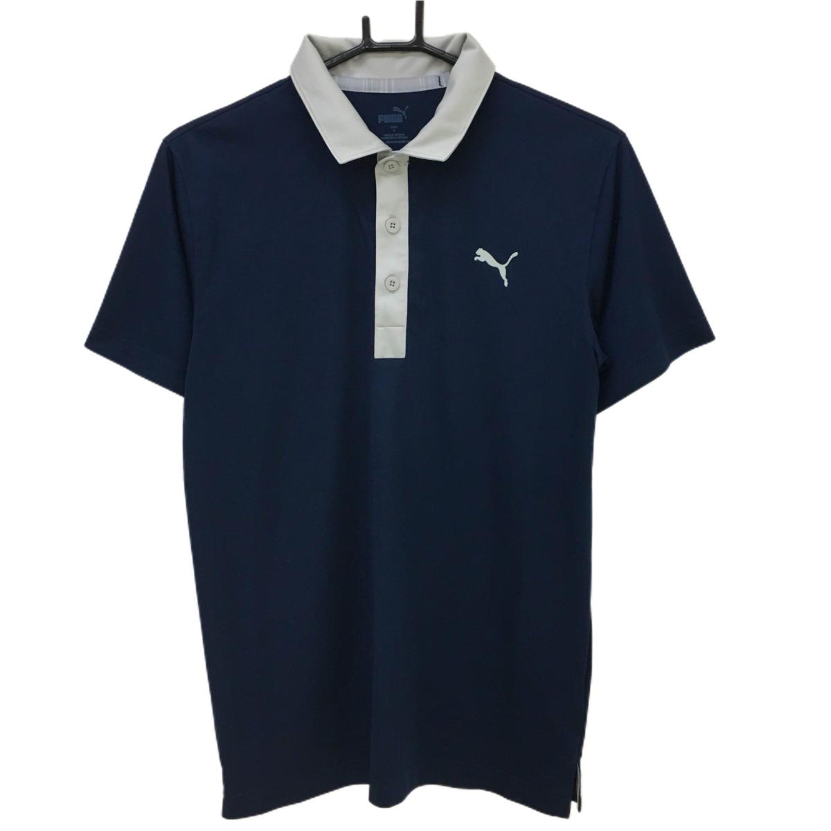 【美品】プーマ 半袖ポロシャツ ネイビー×ライトグレー 胸元ロゴ  メンズ S ゴルフウェア PUMA