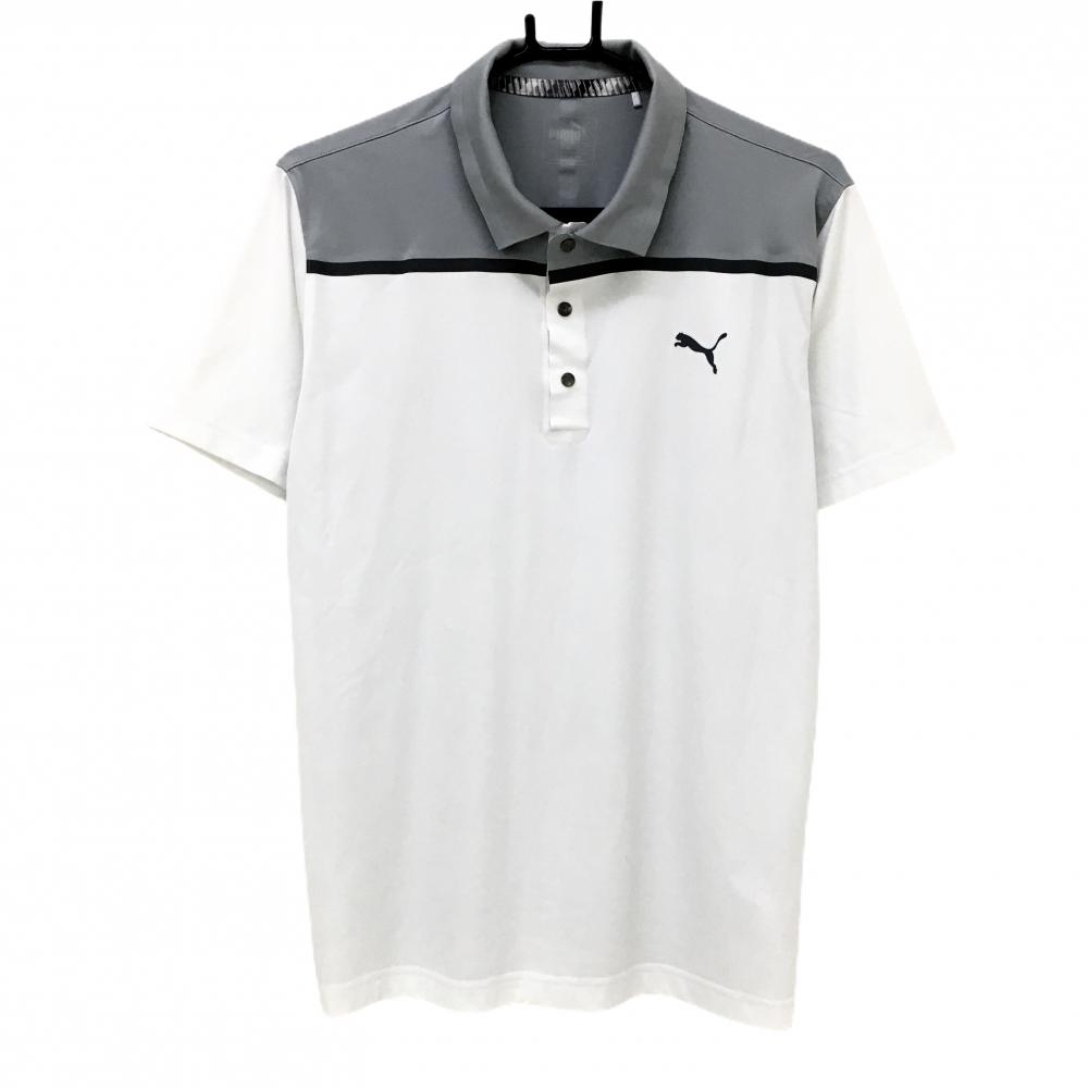 【美品】プーマ 半袖ポロシャツ 白×ライトグレー スナップボタン  メンズ M ゴルフウェア PUMA