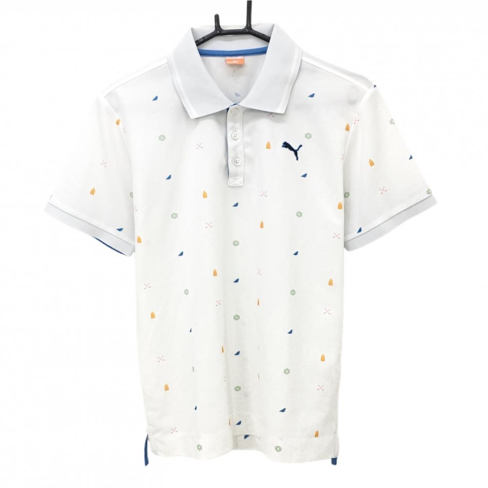 【美品】プーマ 半袖ポロシャツ 白×オレンジ×ブルー 総柄 メンズ M ゴルフウェア PUMA