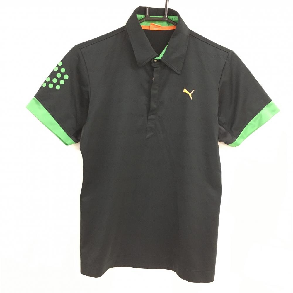 【超美品】プーマ 半袖ポロシャツ 黒×グリーン ドット織生地 ロゴ刺しゅう メンズ M ゴルフウェア PUMA
