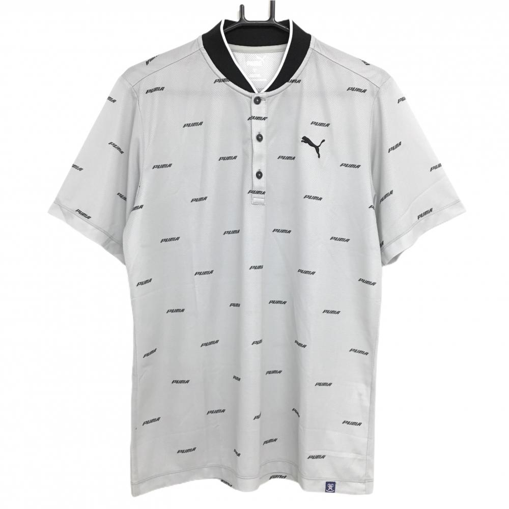 【超美品】プーマ 半袖ポロシャツ グレー×黒 ロゴ総柄  メンズ XL ゴルフウェア PUMA