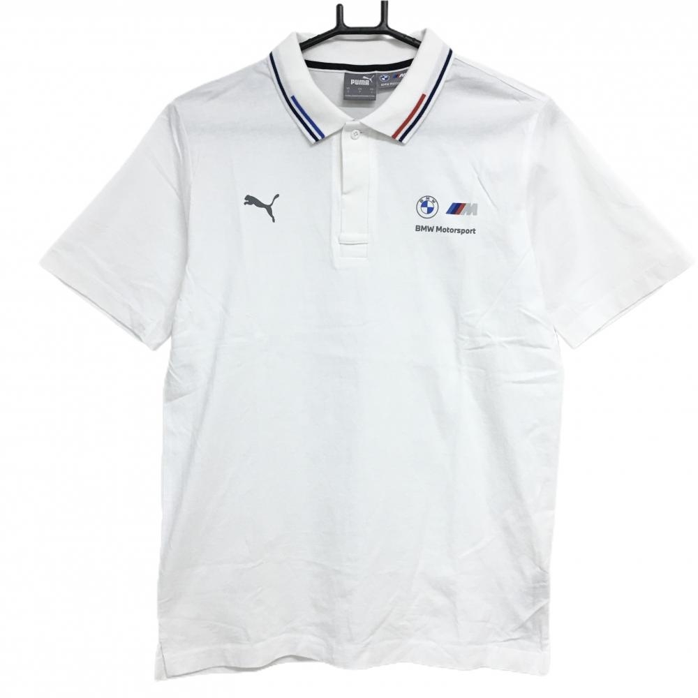 【美品】プーマ 半袖ポロシャツ 白 BMW 襟ライン  メンズ US-S ゴルフウェア PUMA