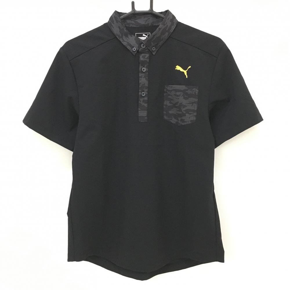 【超美品】プーマ 半袖ポロシャツ 黒×グレー 一部カモフラ柄 迷彩  メンズ M ゴルフウェア PUMA