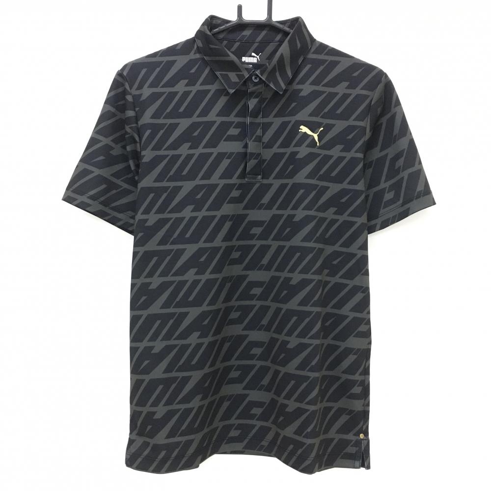 【超美品】プーマ 半袖ポロシャツ ダークグレー×黒 ロゴ総柄  メンズ M ゴルフウェア PUMA