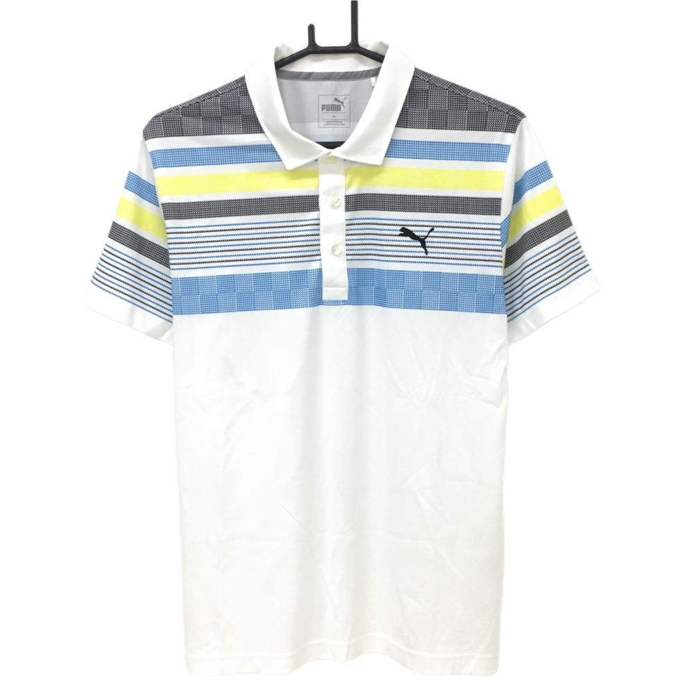【超美品】プーマ 半袖ポロシャツ 白×ブルー 上部ボーダー調 立体ロゴ メンズ M ゴルフウェア PUMA