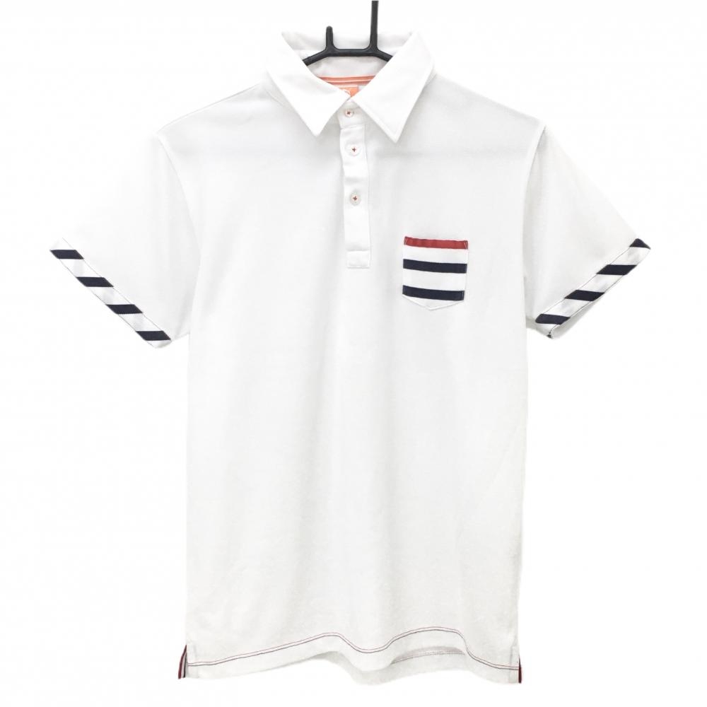 【超美品】プーマ 半袖ポロシャツ 白×ネイビー 袖口斜めストライプ ロゴ刺しゅう  メンズ L ゴルフウェア PUMA