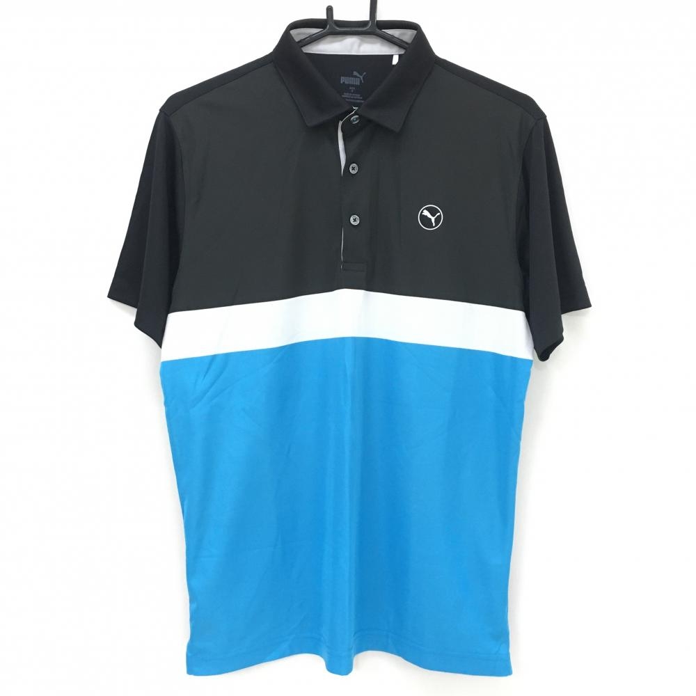 【超美品】プーマ 半袖ポロシャツ 黒×ブルー×白 バイカラー シリコンロゴ メンズ M ゴルフウェア 2023年モデル PUMA