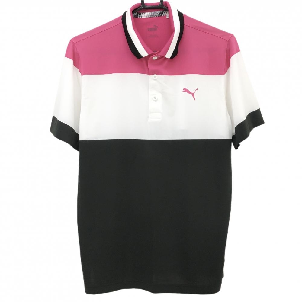 【美品】プーマ 半袖ポロシャツ ピンク×白×黒 バイカラー メンズ M ゴルフウェア PUMA
