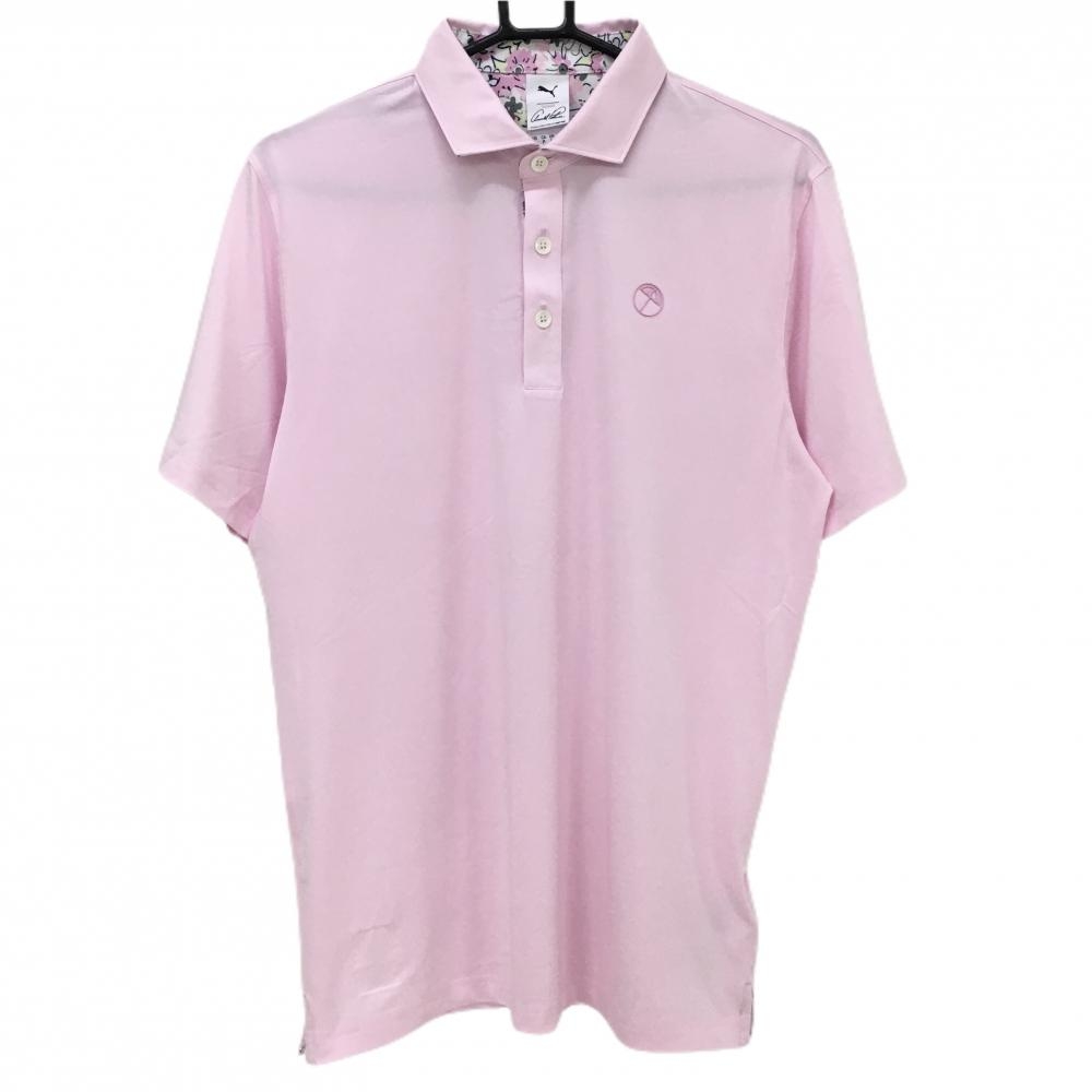 【超美品】プーマ×アーノルドパーマー 半袖ポロシャツ ピンク シリコンロゴ 胸糸引き メンズ US-S ゴルフウェア PUMA