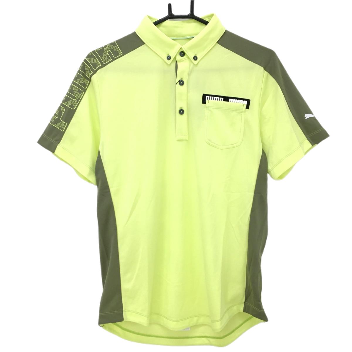 【新品】プーマ 半袖ポロシャツ イエロー×カーキ 胸ポケット ボタンダウン DRYCELL メンズ M ゴルフウェア PUMA
