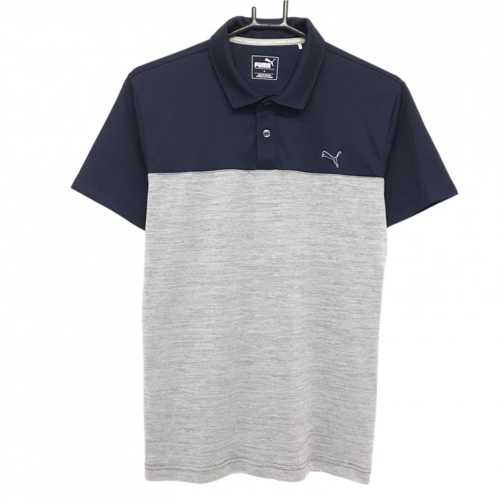 【超美品】プーマ 半袖ポロシャツ ネイビー×グレー バイカラー ロゴ刺しゅう メンズ M ゴルフウェア PUMA
