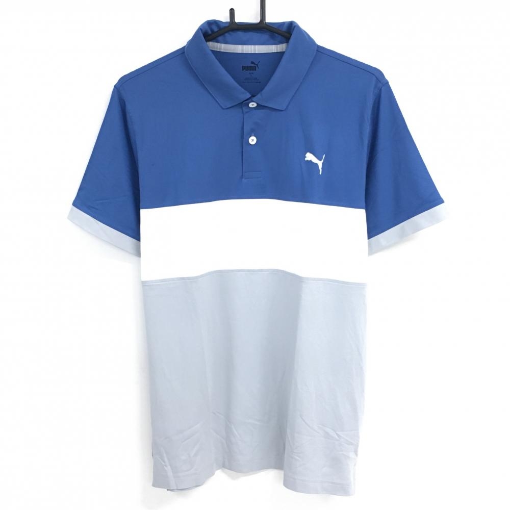 【美品】プーマ 半袖ポロシャツ ブルー×グレー×白 ロゴ刺しゅう ストレッチ メンズ L ゴルフウェア PUMA