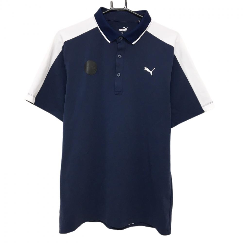 【超美品】プーマ 半袖ポロシャツ ネイビー×白 ロゴシルバー バイカラー メンズ XL ゴルフウェア PUMA
