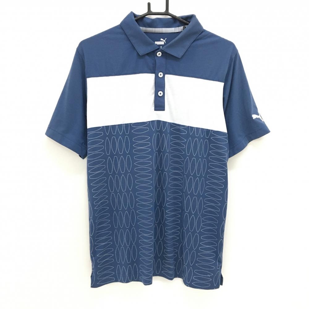 プーマ 半袖ポロシャツ ネイビー×白 一部総柄 ロゴ刺しゅう メンズ US-S ゴルフウェア PUMA