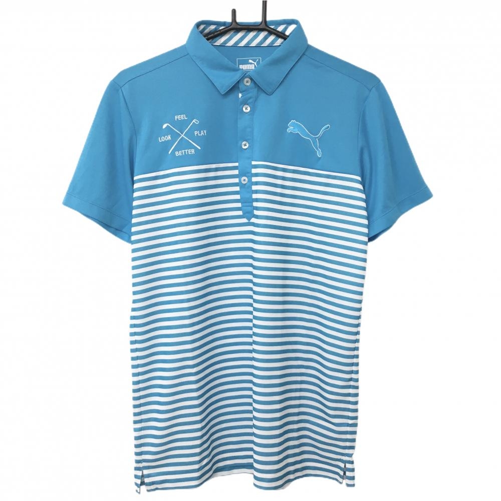 【美品】プーマ 半袖ポロシャツ ライトブルー×白 一部ボーダー ロゴ刺しゅう メンズ XL ゴルフウェア PUMA