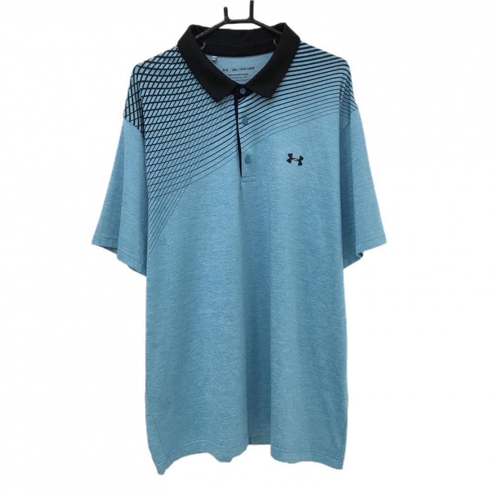【美品】プーマ 半袖ポロシャツ ライトブルー×黒 上部柄 ロゴプリント メンズ 2XL ゴルフウェア 大きいサイズ PUMA