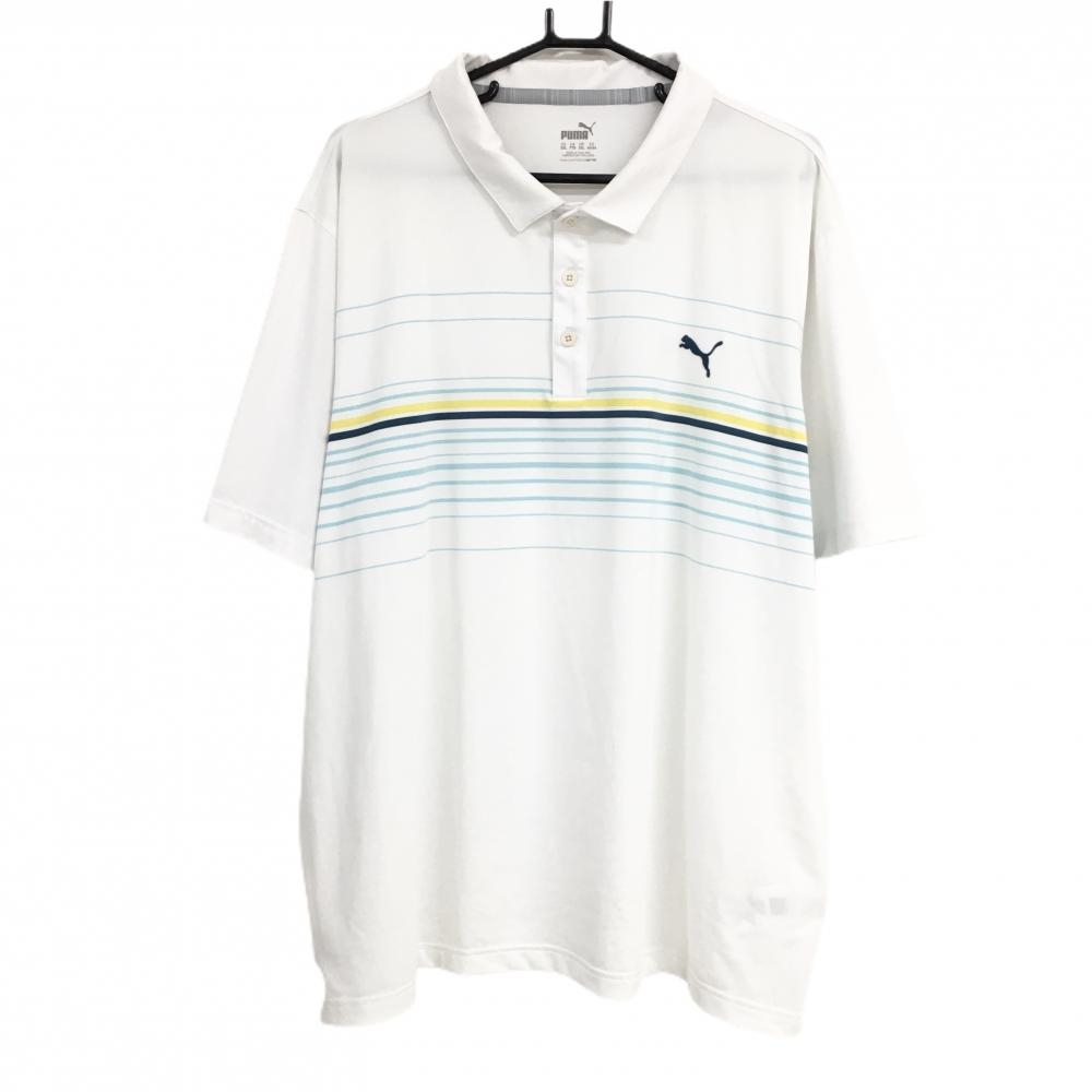 プーマ 半袖ポロシャツ 白×ライトブルー 一部ボーダー ロゴ  メンズ UＳ-XXL ゴルフウェア 大きいサイズ PUMA
